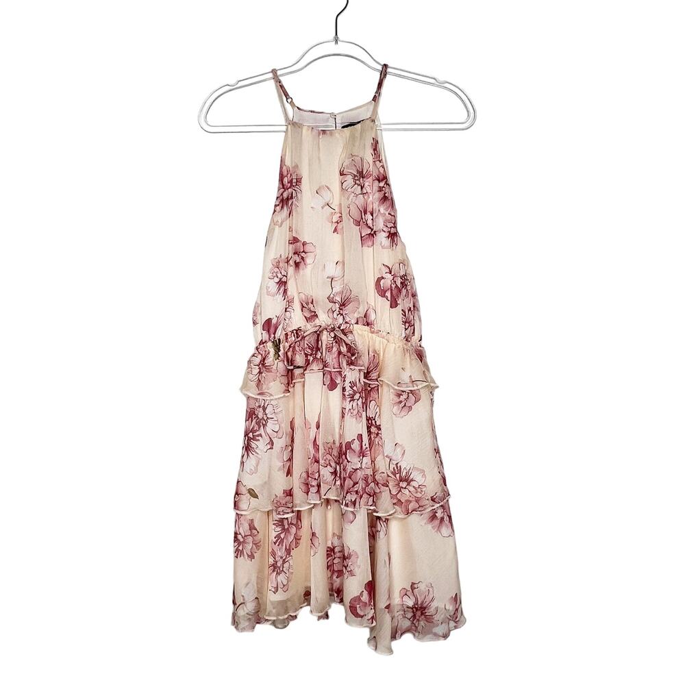 AAKAA Floral Halter Neck Ruffle Tiered Mini Dress Sleeveless Cream Pink Size S